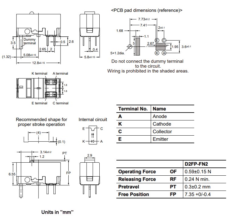 Mechanical Drawing - Omron Electronics D2FP Ultra Subminiature Basic Switches
